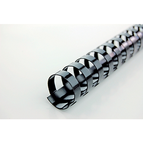 Close-up of a black binding spiral, on a white background. The spiral is coiled and shows the interior.