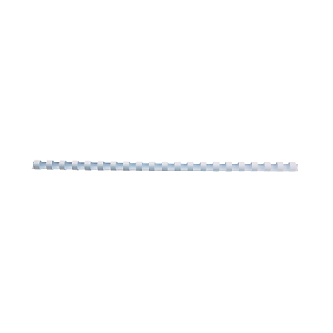 A white, elongated binding rail with rectangular recesses.