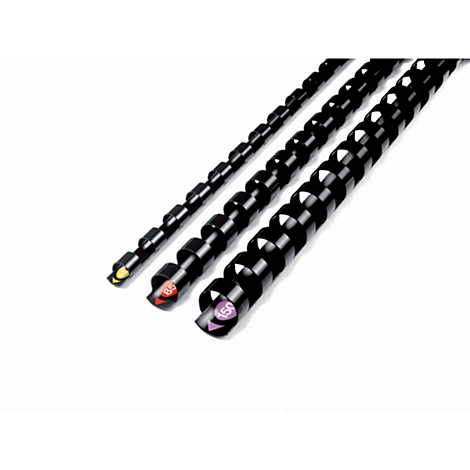 Three black spiral bindings lying diagonally on a white background. Two have colored markings with numbers, the third yellow.