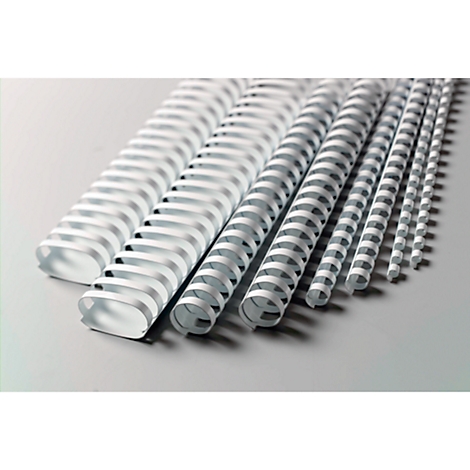 A selection of white binding rings in various sizes, against a light background.