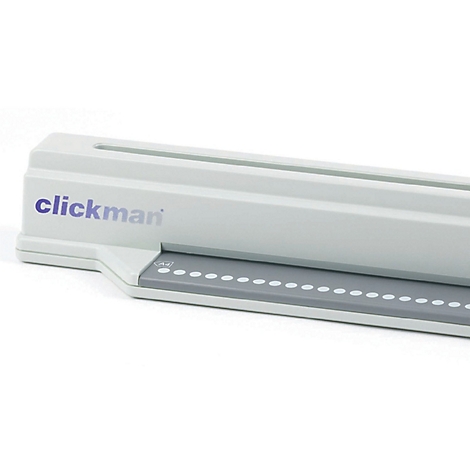 Grijs 'Clickman'-apparaat met belettering, met een rij witte stippen eronder.