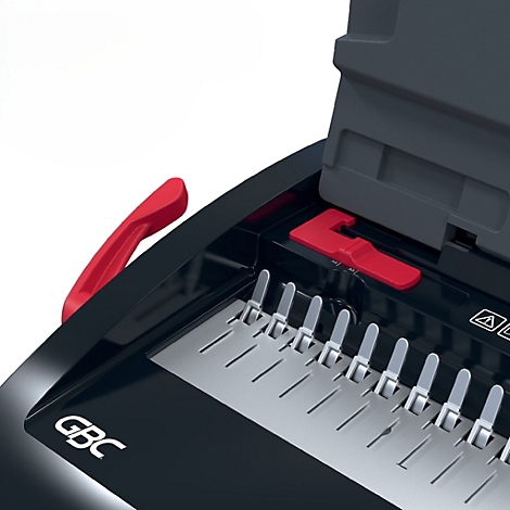 Detailaufnahme einer schwarzen GBC-Bindemaschine mit rotem Hebel und Aufsatz.