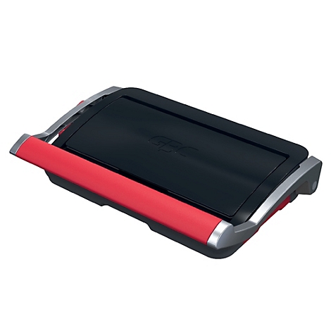 Zwarte contactgrill met rode handgreep, zilveren elementen en de inscriptie "GGC".