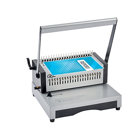 Broschürenmaschine mit einem blauen Dokument mit dem Wort 'REPORT'.