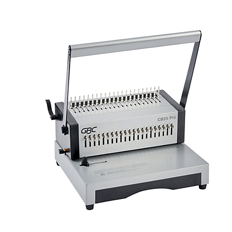 Grijze GBC CB25 Pro bindmachine. Bovenop een hendel, daaronder een rij pinnen en een bodemplaat.