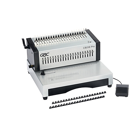 Grijze, zilveren binder, "GBC CB25E Pro", met zwarte voetschakelaar en zwarte bindringen.