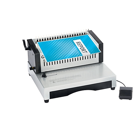 Inbindmachine met ingevoegd blad met "REPORT". Grijze behuizing, voetschakelaar.