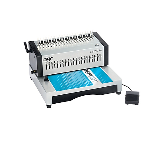 Machine à relier GBC CB25E Pro grise, papier bleu avec texte REPORT. Pédale noire à droite.