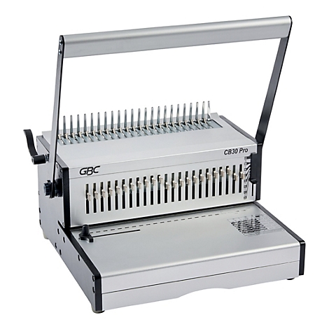 Silberne GBC CB30 Pro Bindemaschine mit Griff, Stiften und dem Schriftzug "CB30 Pro".