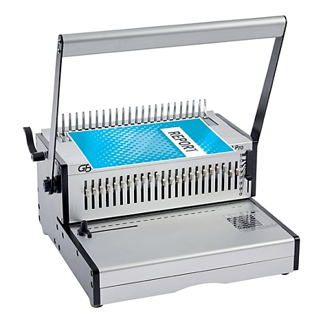 Machine à relier argentée avec document bleu, poignée vers le haut. Le document indique "REPORT".