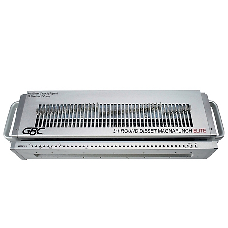 Zilveren perforator met handgrepen en GBC-letters. '3:1 ROUND DIESET MAGNAPUNCH ELITE' staat erop.