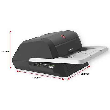 Scanner gris avec bac à papier déployé. Les dimensions sont indiquées.