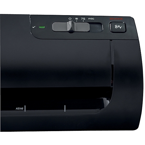 Close-up van een zwarte lamineermachine met bedieningselementen en de tekst "8".