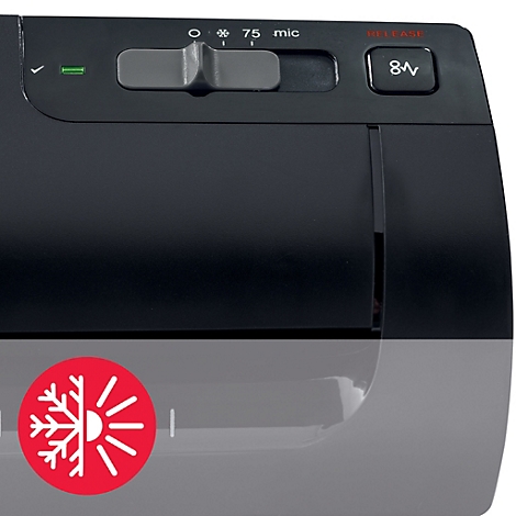 Detailopname van een zwarte lamineermachine. Het toont een bedieningspaneel met een schuifregelaar, knop en het label "75 mic". Een rood koelsymbool is zichtbaar aan de onderkant.