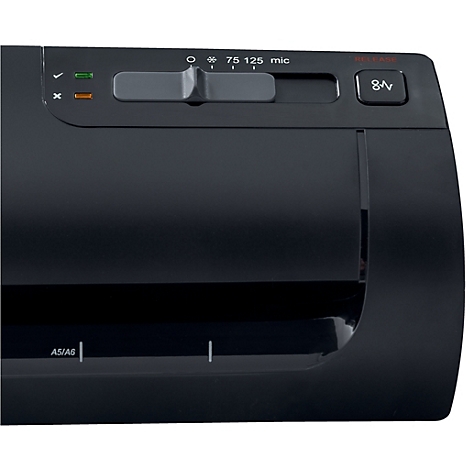 Detailopname van een zwart, modern lamineeroppervlak met een schuif en controlelampjes. De foliediktes worden ingesteld volgens de etikettering.