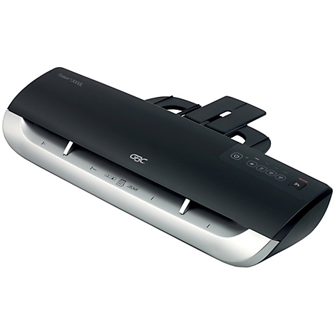 Schwarzes Laminiergerät mit silberner Basis und Bedienelementen.