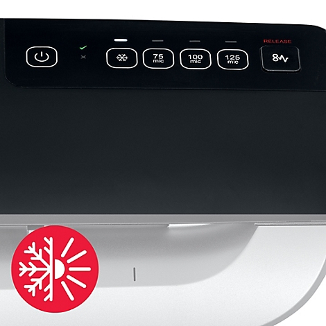Detailansicht eines schwarzen Bedienfelds mit Symbolen und Beschriftungen: Ein/Aus, Kühlung, 75, 100, 125 mic, Release.