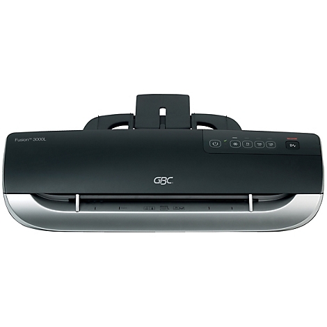 Schwarzes GBC-Laminiergerät, Fusion 3000L, mit silberner Unterseite und Bedienfeld.
