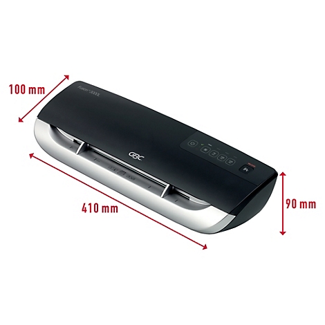 Eine schwarze Laminiergerät mit silbernen Akzenten, daneben Abmessungen: 410 x 100 x 90 mm.