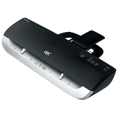 Schwarzes GBC-Laminiergerät mit silberner Basis. Oben sind Tasten und ein Griff zu sehen.