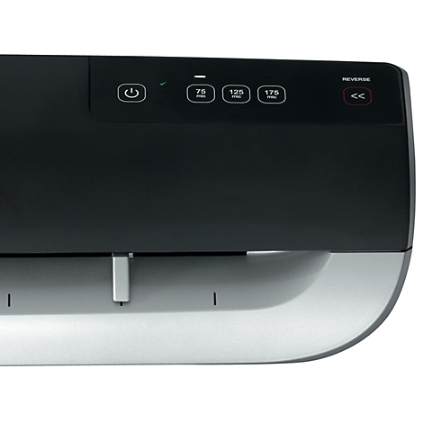 Detailaufnahme eines schwarzen und silbernen Laminiergeräts mit Bedienelementen und Beschriftungen: 75 mic, 125 mic, 175 mic.