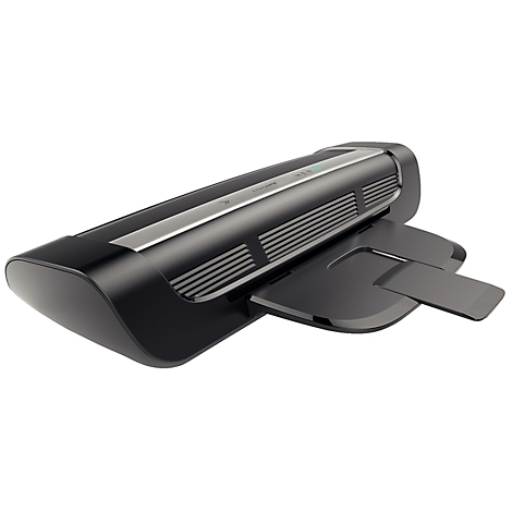 Schwarzes elektronisches Gerät, detailreich abgebildet. Mit schmaler, ausziehbarer Platte.