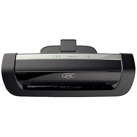 Laminateur GBC noir, vue de face, avec des touches d'argent.