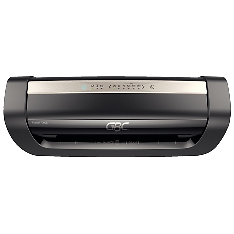 Plastifieuse GBC noire, barre argentée avec commandes, logo GBC.