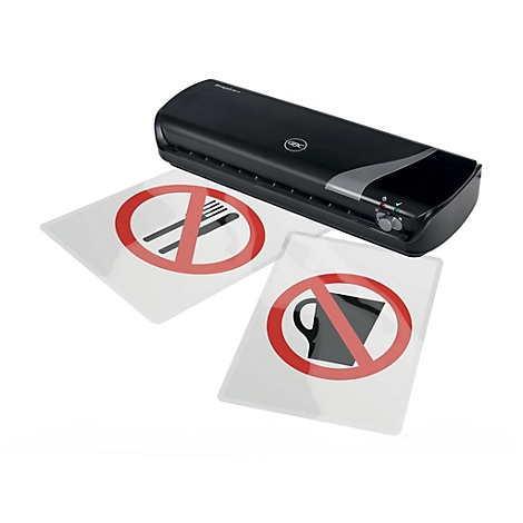 Laminateur noir avec deux panneaux laminés : fourchette et couteau et une tasse avec un symbole barré.