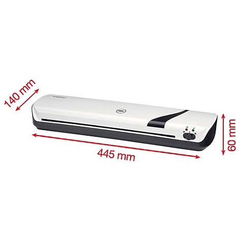 Laminateur blanc et noir avec dimensions. Boutons et un logo sont visibles sur l'appareil.