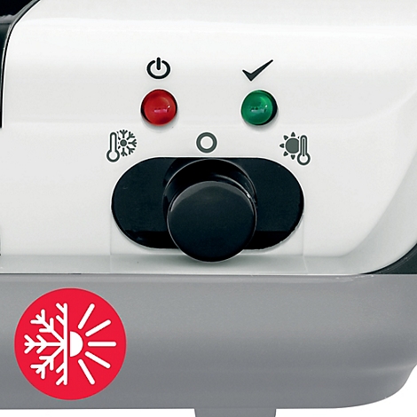 Vue détaillée d'un panneau de commande avec un bouton rotatif, des voyants lumineux et des symboles pour le refroidissement et le chauffage.