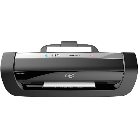 Black GBC laminator with white paper output. There are blue, yellow, and red lights on the machine. The model is called Fusion 1000L.