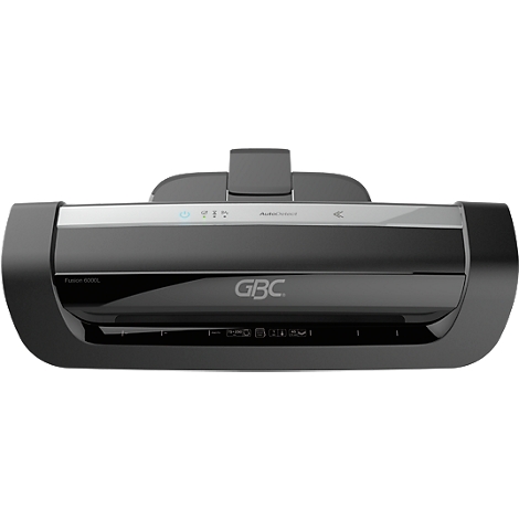 Black GBC laminator. Light grey bar at the top with buttons, logos and indicators. GBC logo below.