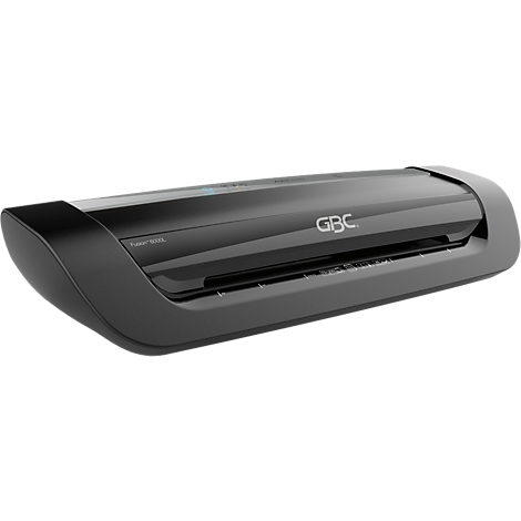 Black laminator with GBC logo. The device lies horizontally, with rounded corners and the inscription "Fusion 3000".