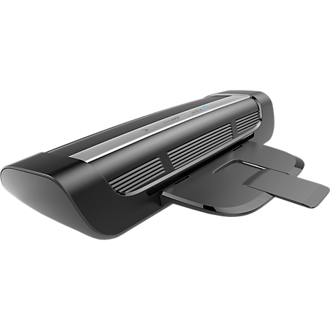 Black and gray document scanner with an extended paper tray. The top has a silver strip with control buttons.