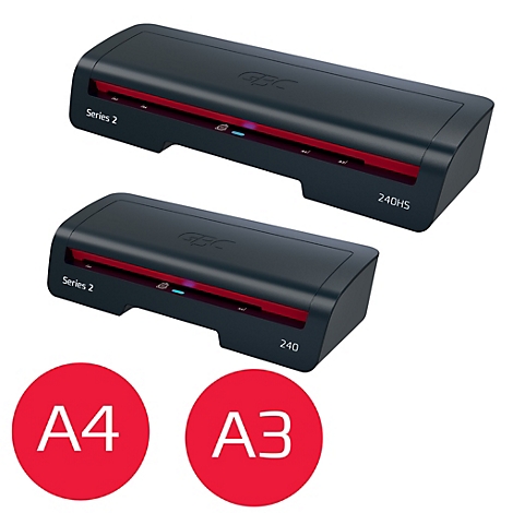 Twee zwarte lamineerapparaten, daarboven de tekst 'Series 2'. Daaronder rode cirkels met 'A4' en 'A3'.