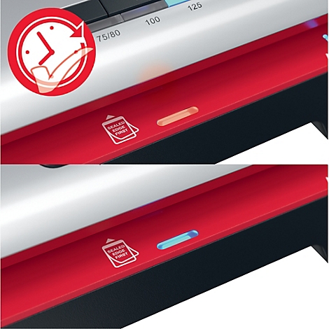 Detail van een lamineermachine: rode strip met bedieningspaneel en indicatielampjes. Boven gloeiend rood, onder blauw.