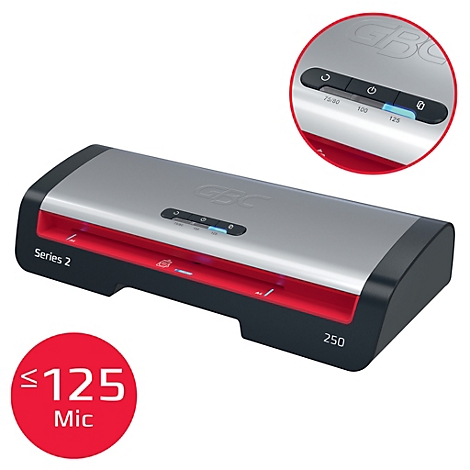 Grau-rote Laminiergerät, Modell Series 2, GBC. Detailansicht der Bedienelemente. Roter Kreis mit 125 Mic.