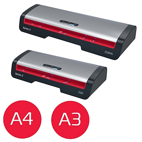 Zwei Laminiergeräte nebeneinander, daneben Kreise mit A4 und A3 Aufdrucken.