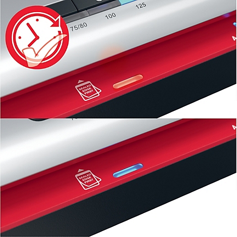Detailaufnahme einer roten Maschine mit Bedienfeld. Oben ein roter Kreis mit Uhrsymbol. Darunter eine Anzeige mit orangefarbener und blauer Beleuchtung.