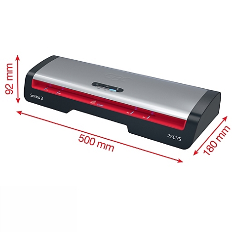 Grauer Laminator mit roten Akzenten und schwarzen Enden. Größenangaben in mm.