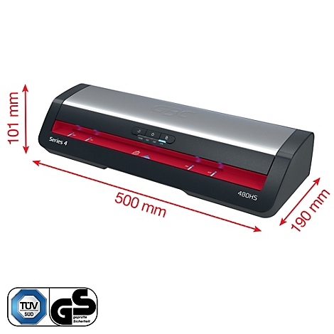 Ein grauer Laminator mit roter Akzentfarbe. Maße und Logos sind sichtbar.