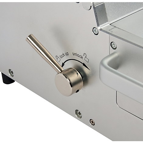 Een zilveren hendel met de opschriften "lock up" en "unlock".