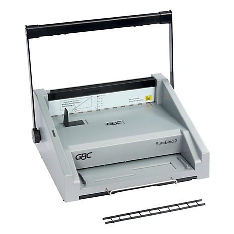 Machine à relier GBC SureBind 2 grise sur fond blanc. Poignée noire et peigne noir en bas à droite.