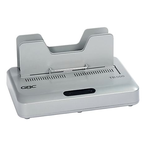 Reliure thermique grise, GBC TB500. Haut avec étagère, devant avec bouton noir. Inscription "GBC" et "TB500".
