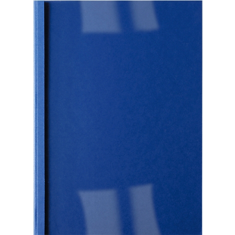 A blue notebook with a white stripe on the left edge, the cover is glossy.