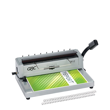 Een zilveren bindmachine met het 'GBC'-logo en de tekst 'REPORT'. Spiraalbinding en zwarte hendel.