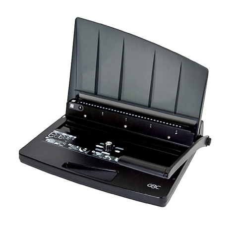 Schwarzes GBC-Bindegerät mit geöffnetem Deckel und Bedienfeld.