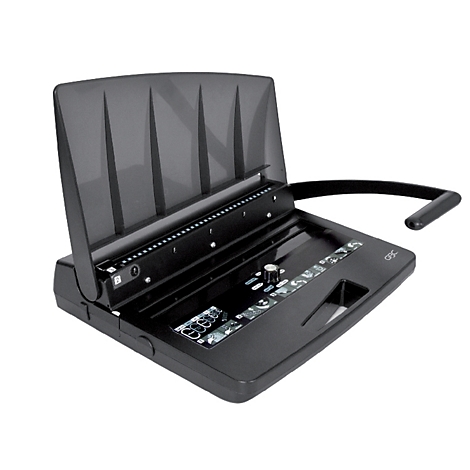 Schwarzes Bindegerät auf weißem Hintergrund. Oberteil geöffnet, Bedienelemente sichtbar.