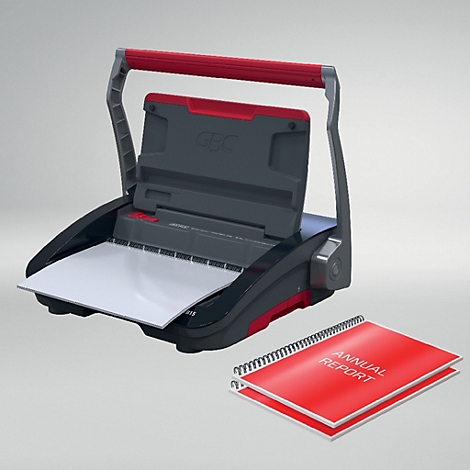 Zwart bindapparaat met rode handgreep, daarnaast een rood boekje met de woorden "Annual Report".